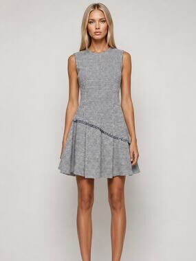 ADEAM Tweed Dress Sleeveless Plaid Fringe Trim Asymmetric Mini Dress Preppy